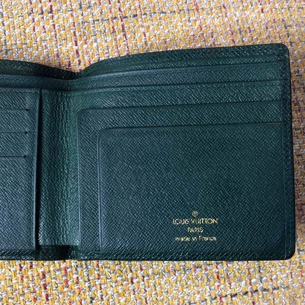 LOUIS VUITTON Green Taiga Leather Bifold Wallet Vintage